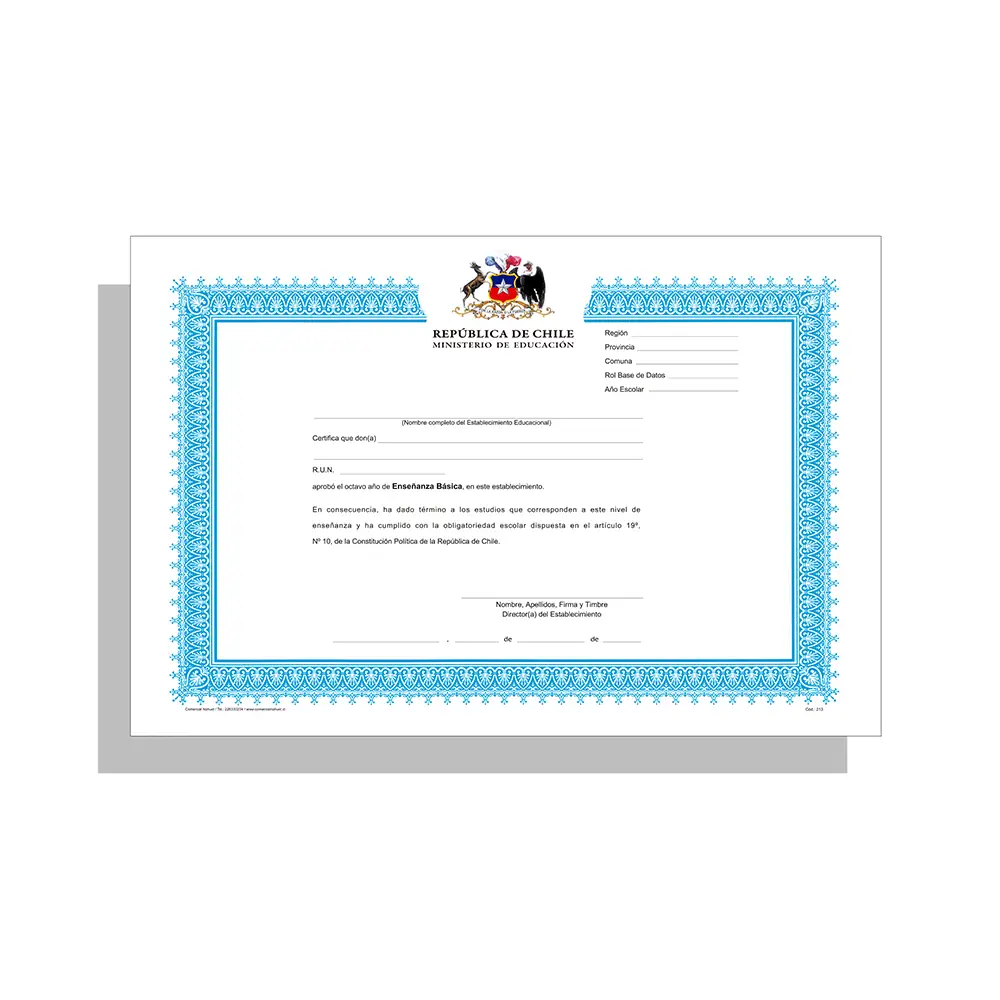 Certificado Tipo Licencia de Enseñanza Básica (50 Unid) (Cód.: 213)