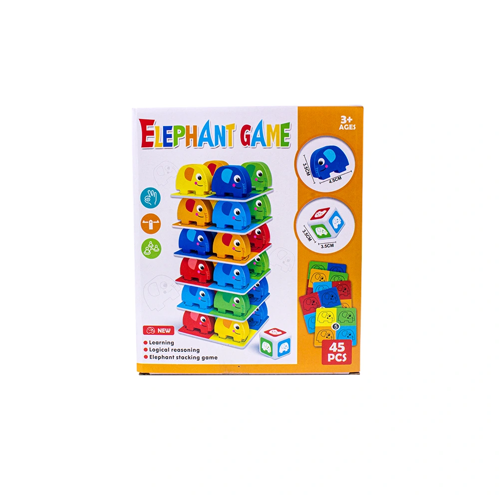 caja con juego de piezas de elefantes apilables con tarjetas